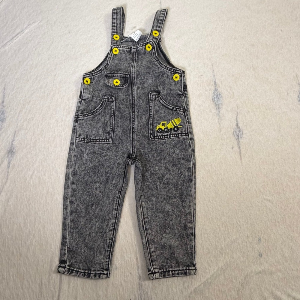 Toddler Denim Overalls 2-3Y Gray Wash Construction Truck Yellow Buttons
